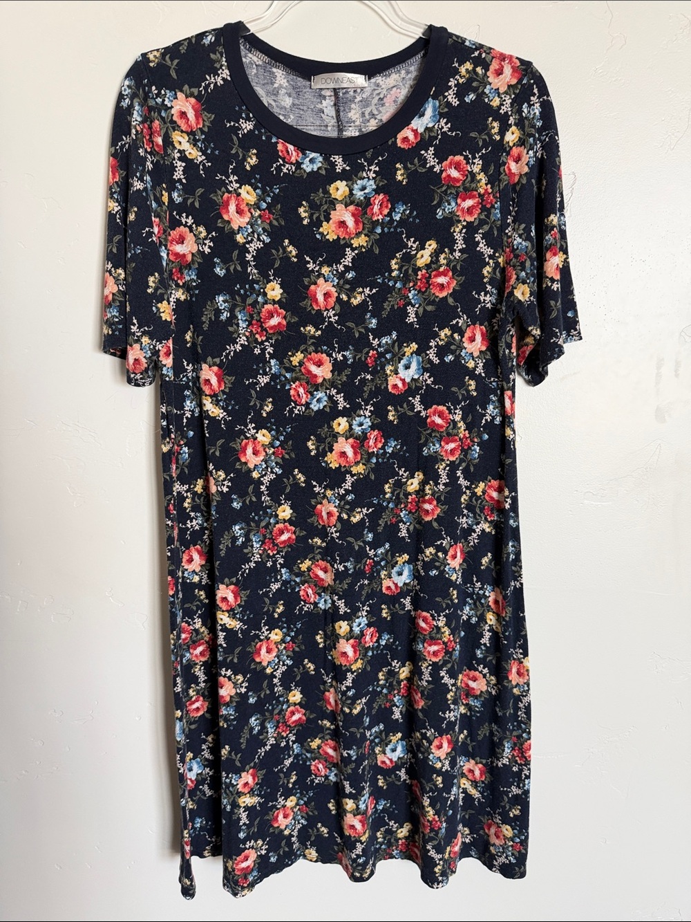 DownEast Navy Floral Midi Dress with Red & Yellow Blooms Flowy Casual Dress